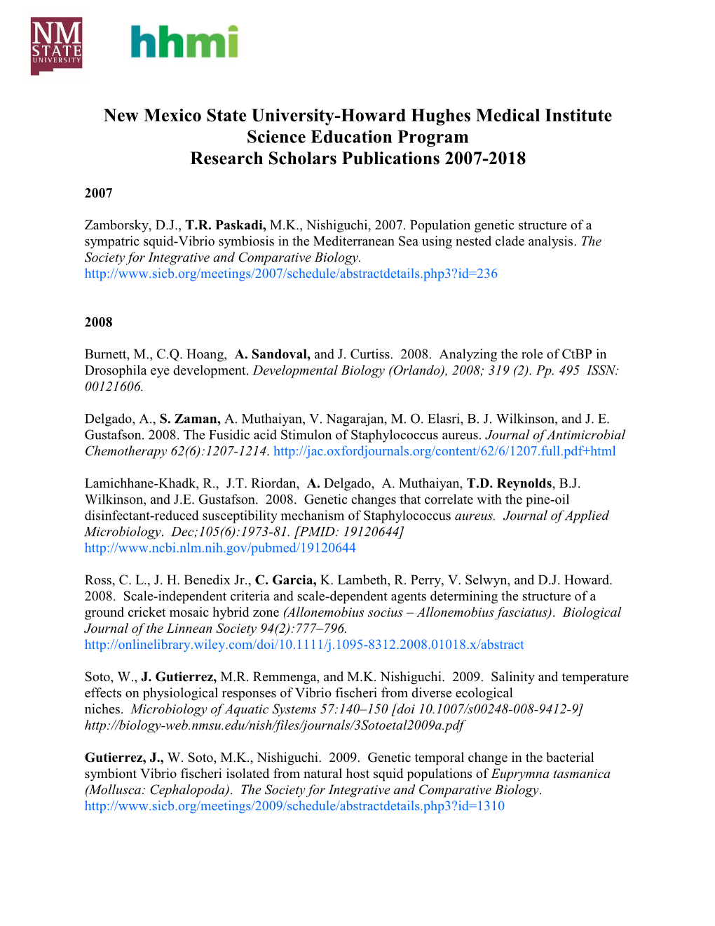 New Mexico State University-Howard Hughes Medical Institute Science Education Program Research Scholars Publications 2007-2018