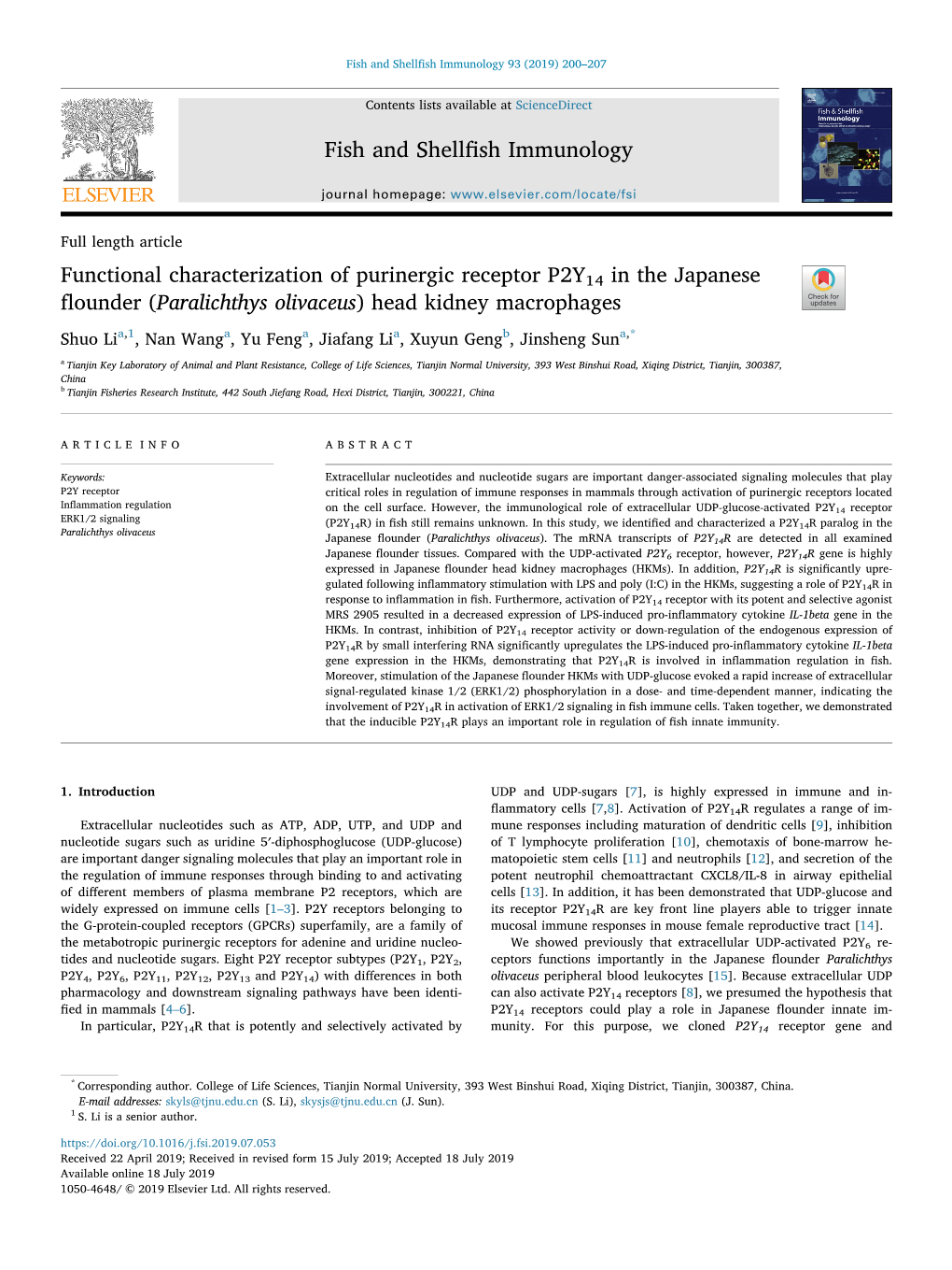 Functional Characterization of Purinergic Receptor P2Y14 in the Japanese ﬂounder (Paralichthys Olivaceus) Head Kidney Macrophages T