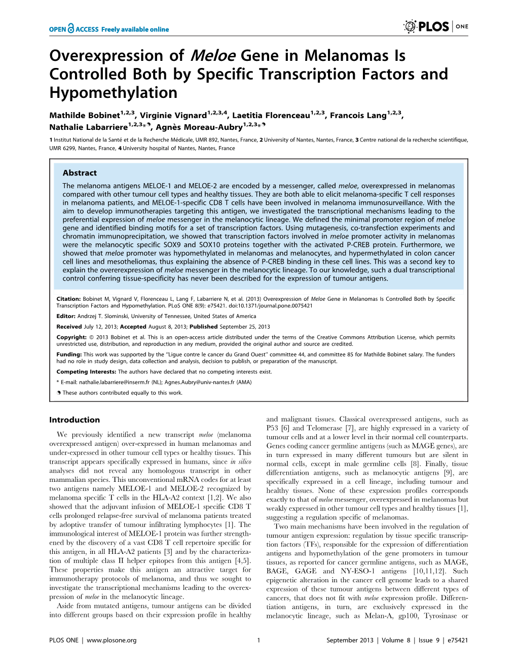 Overexpression of Meloe Gene in Melanomas Is Controlled Both by Specific Transcription Factors and Hypomethylation