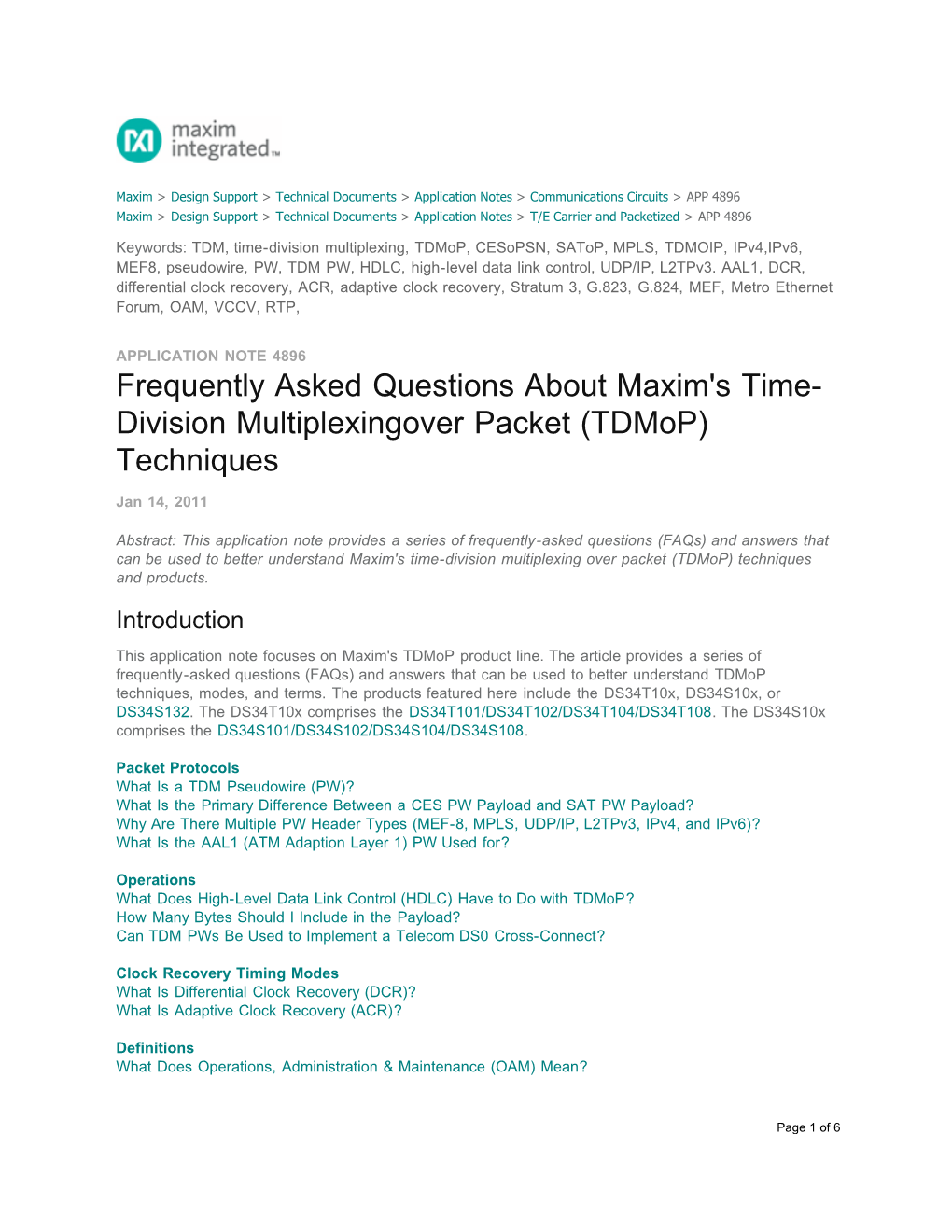 Frequently Asked Questions About Maxim's Time- Division Multiplexingover Packet (Tdmop) Techniques