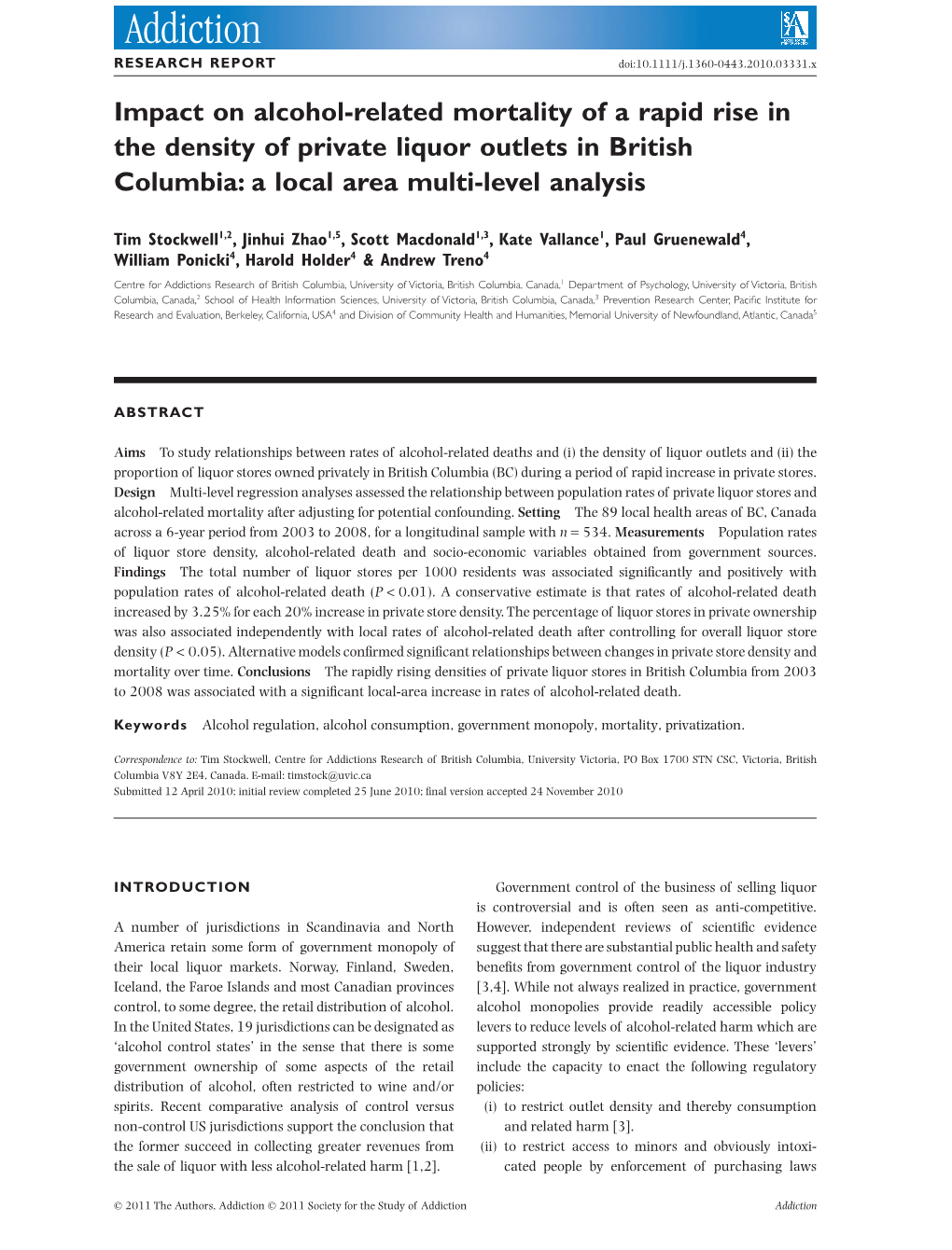 Impact on Alcohol-Related Mortality of a Rapid Rise in the Density of Private Liquor Outlets in British Columbia: a Local Area M