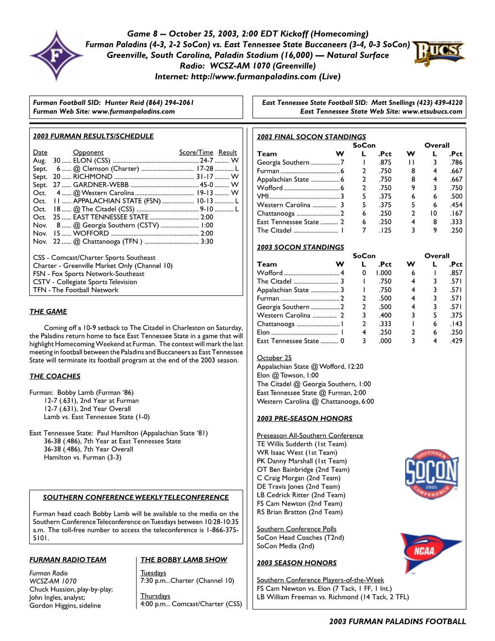 Furman-East Tennessee State Game Release.Pdf