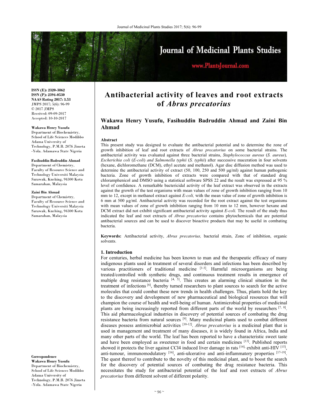 Antibacterial Activity of Leaves and Root Extracts of Abrus Precatorius