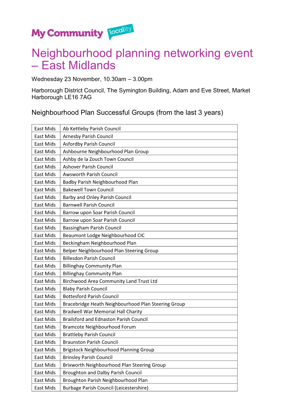 East Midlands Wednesday 23 November, 10.30Am – 3.00Pm