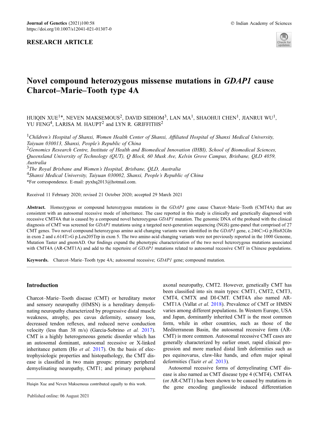 Novel Compound Heterozygous Missense Mutations in GDAP1 Cause Charcot–Marie–Tooth Type 4A