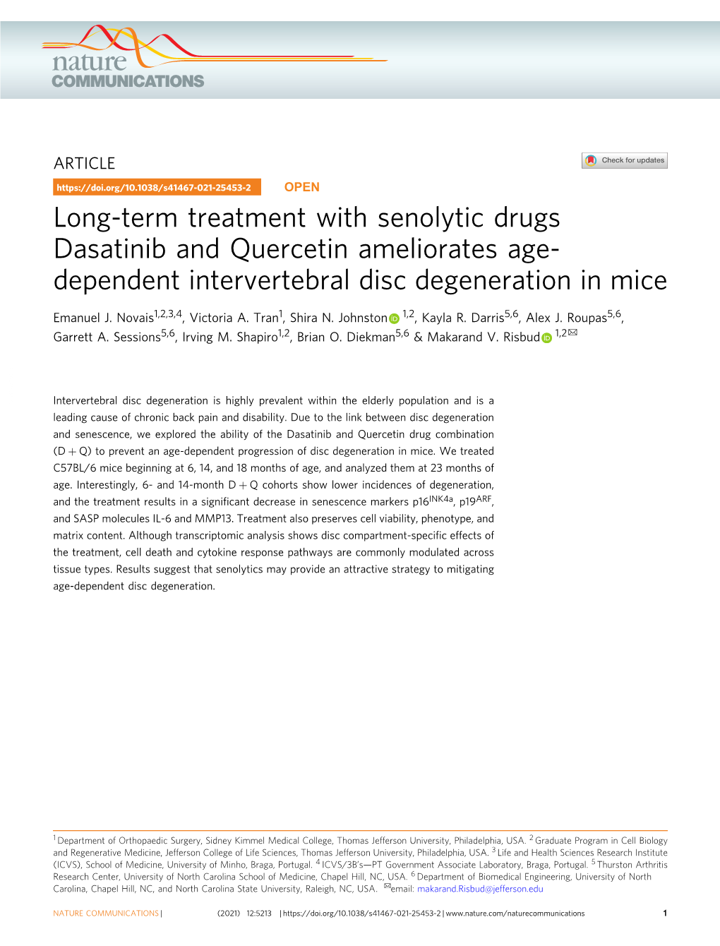 Long-Term Treatment with Senolytic Drugs Dasatinib and Quercetin Ameliorates Age- Dependent Intervertebral Disc Degeneration in Mice