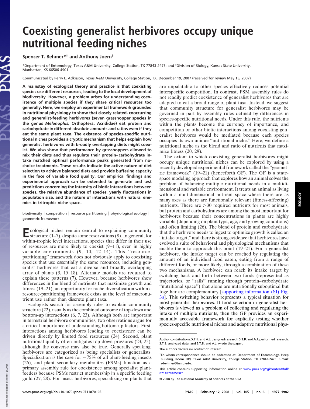 Coexisting Generalist Herbivores Occupy Unique Nutritional Feeding Niches