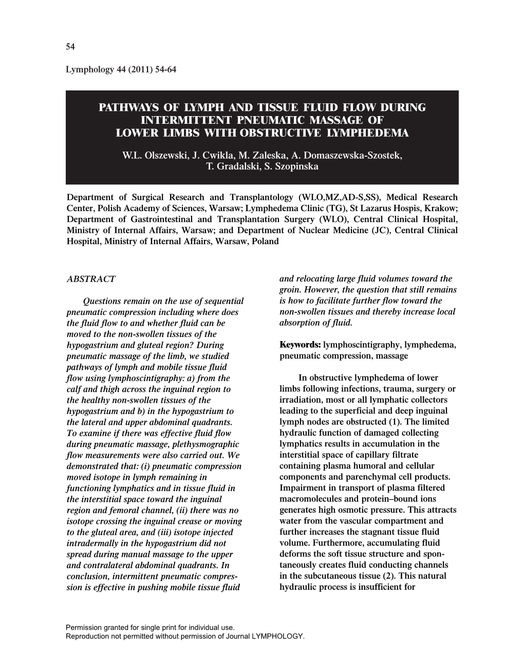 Pathways of Lymph and Tissue Fluid Flow During Intermittent Pneumatic Massage of Lower Limbs with Obstructive Lymphedema