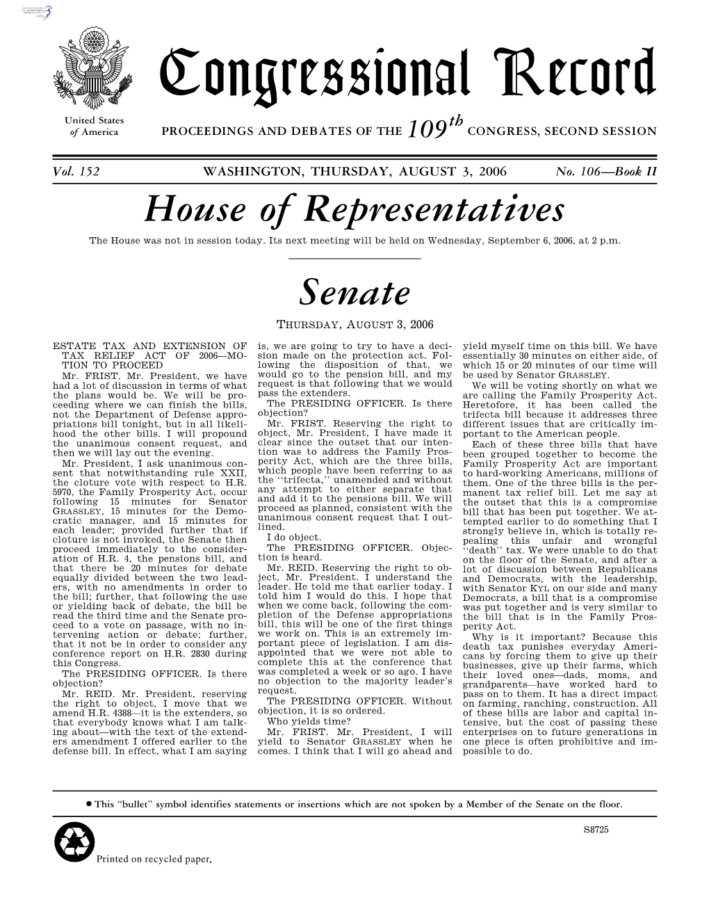 Congressional Record United States Th of America PROCEEDINGS and DEBATES of the 109 CONGRESS, SECOND SESSION