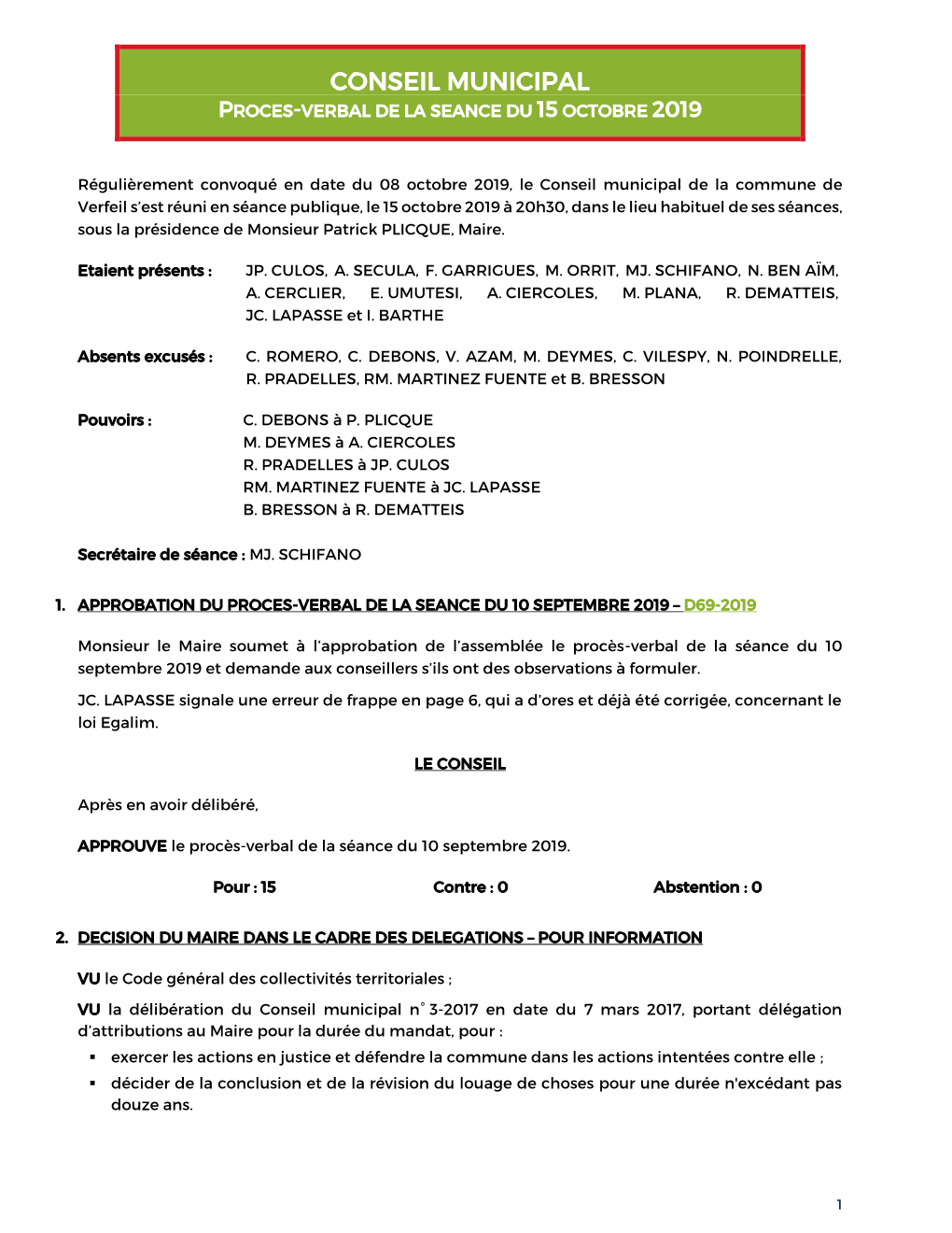 Conseil Municipal Proces-Verbal De La Seance Du 15 Octobre 2019