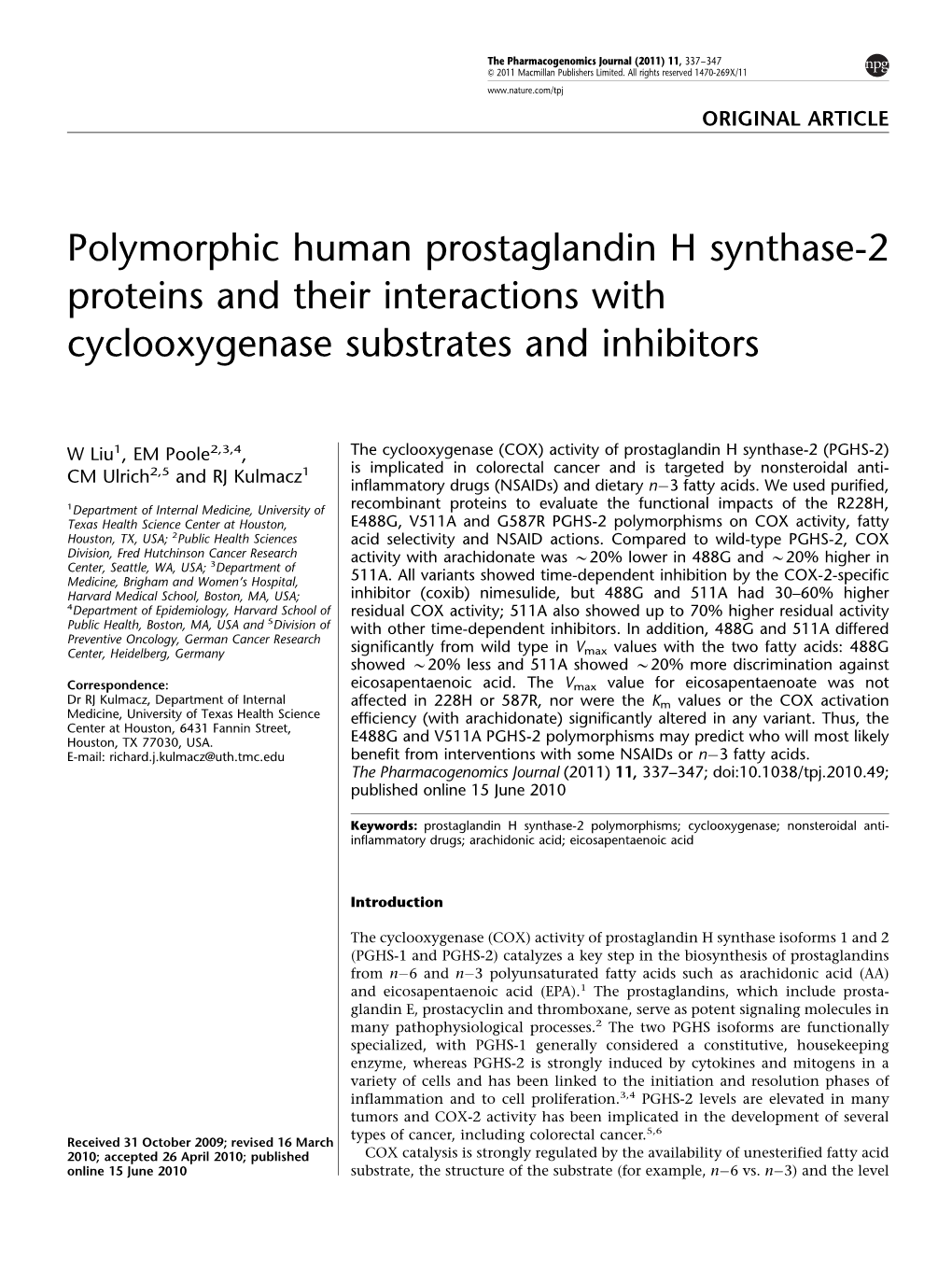 Polymorphic Human Prostaglandin H Synthase-2 Proteins and Their Interactions with Cyclooxygenase Substrates and Inhibitors
