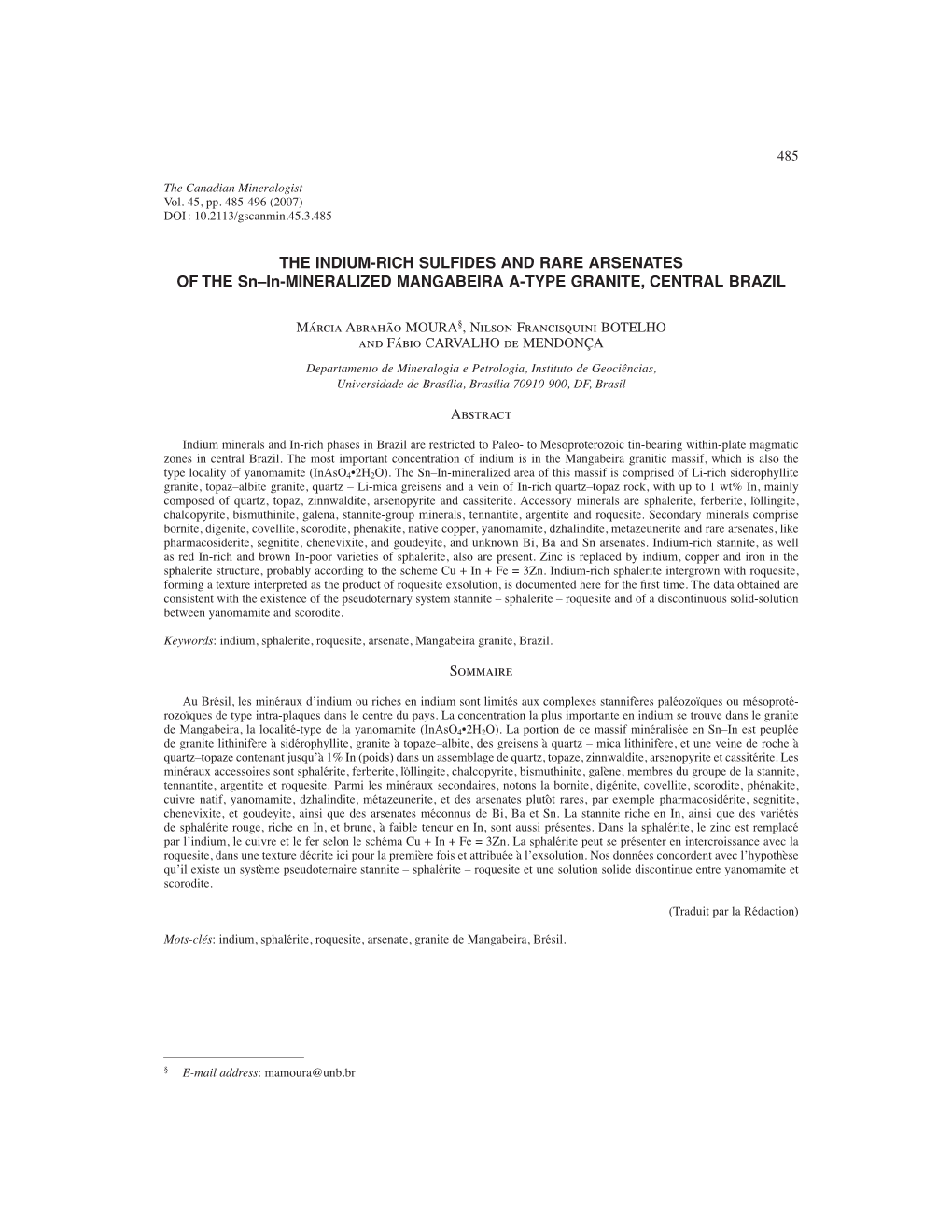 THE INDIUM-RICH SULFIDES and RARE ARSENATES of the Sn–In-MINERALIZED MANGABEIRA A-TYPE GRANITE, CENTRAL BRAZIL