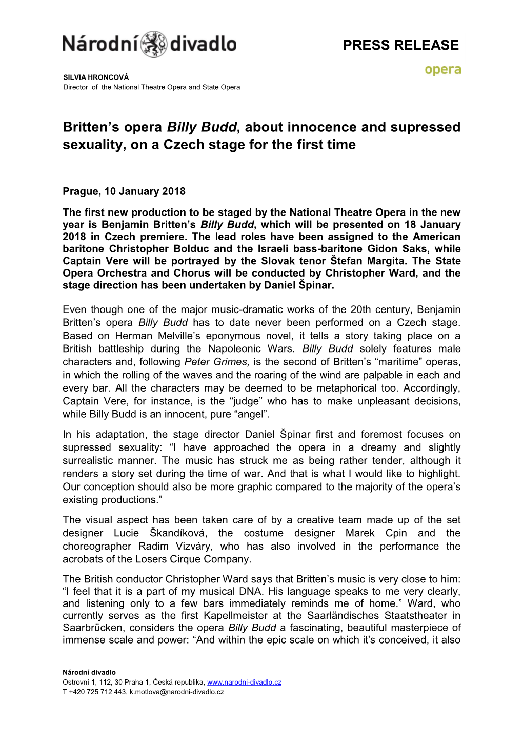 PRESS RELEASE Britten's Opera Billy Budd, About Innocence And