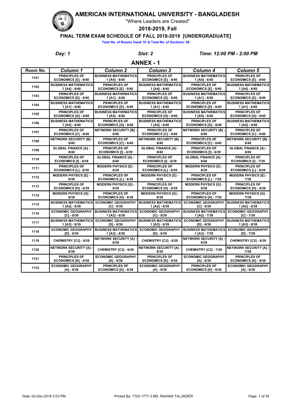 AMERICAN INTERNATIONAL UNIVERSITY - BANGLADESH "Where Leaders Are Created" 2018-2019, Fall FINAL TERM EXAM SCHEDULE of FALL 2018-2019 [UNDERGRADUATE] Total No