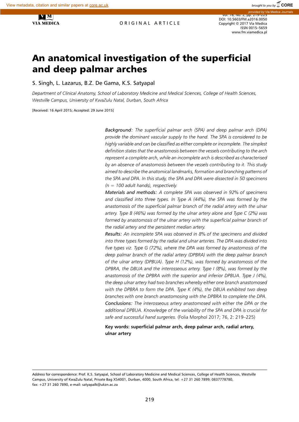 An Anatomical Investigation of the Superficial and Deep Palmar Arches S