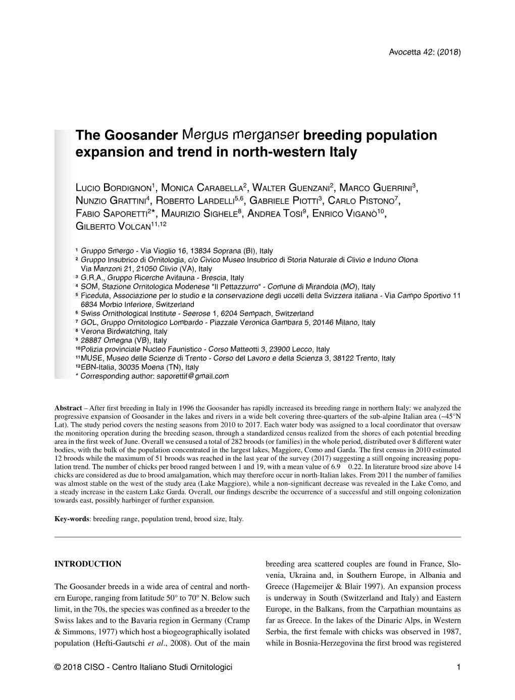 The Goosander Mergus Merganser Breeding Population Expansion and Trend in North-Western Italy