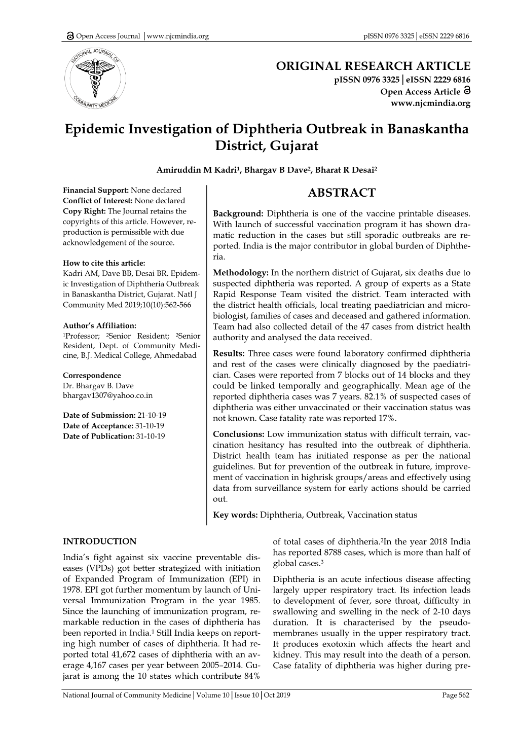 Epidemic Investigation of Diphtheria Outbreak in Banaskantha District, Gujarat