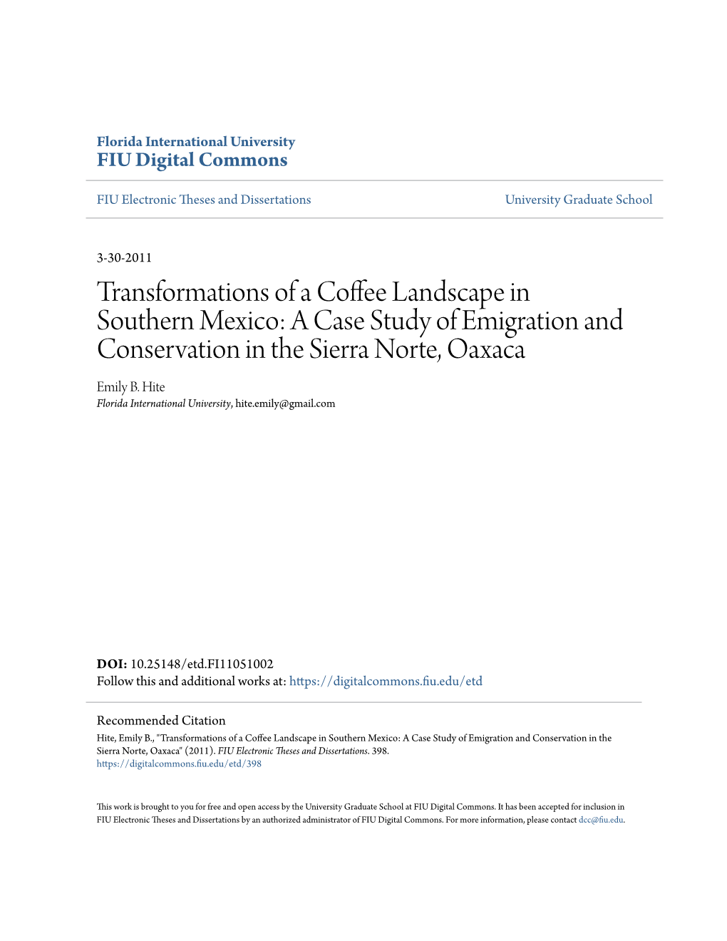 Transformations of a Coffee Landscape in Southern Mexico: a Case Study of Emigration and Conservation in the Sierra Norte, Oaxaca Emily B