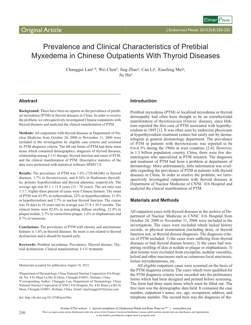 Prevalence and Clinical Characteristics of Pretibial Myxedema in Chinese Outpatients with Thyroid Diseases