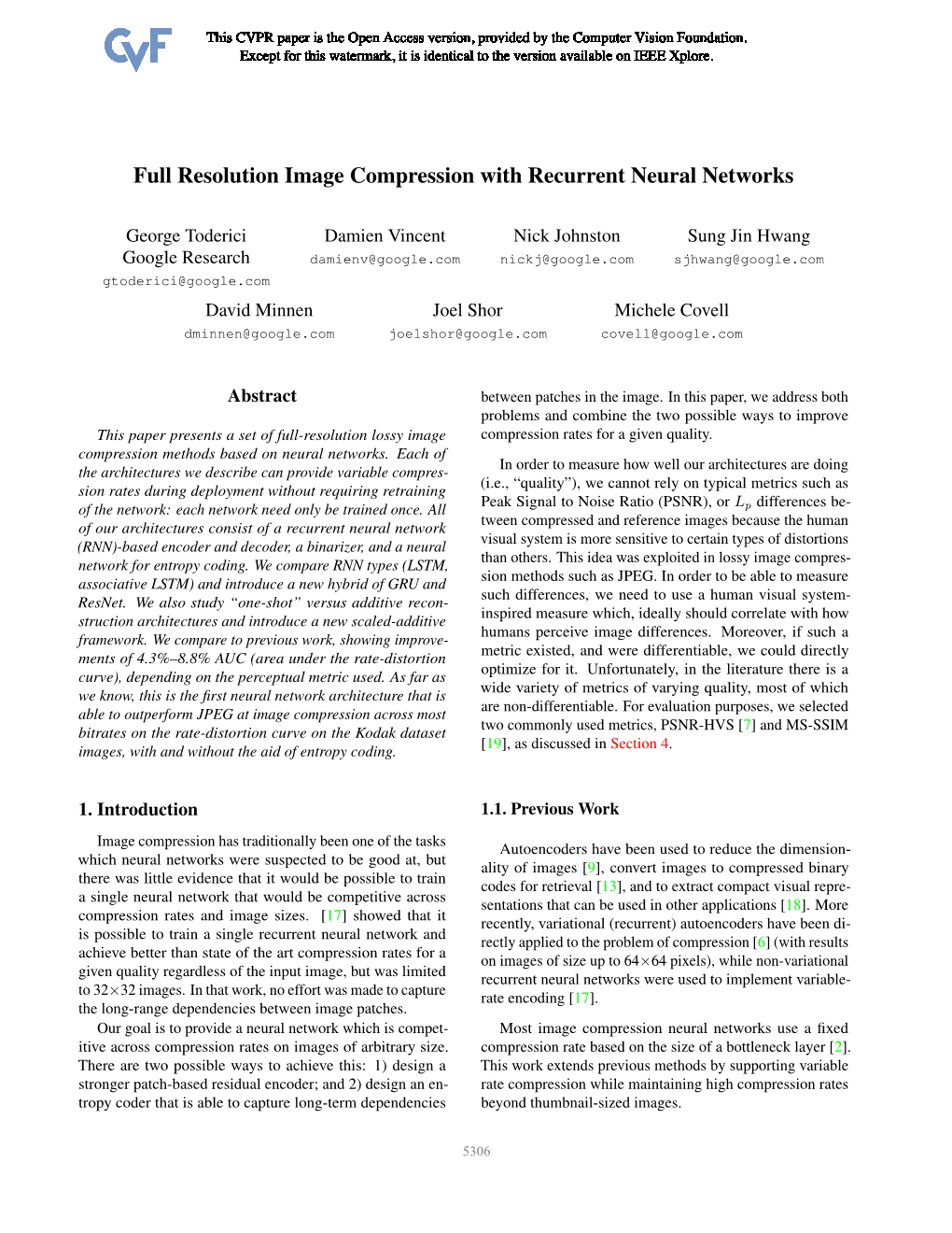 Full Resolution Image Compression with Recurrent Neural Networks