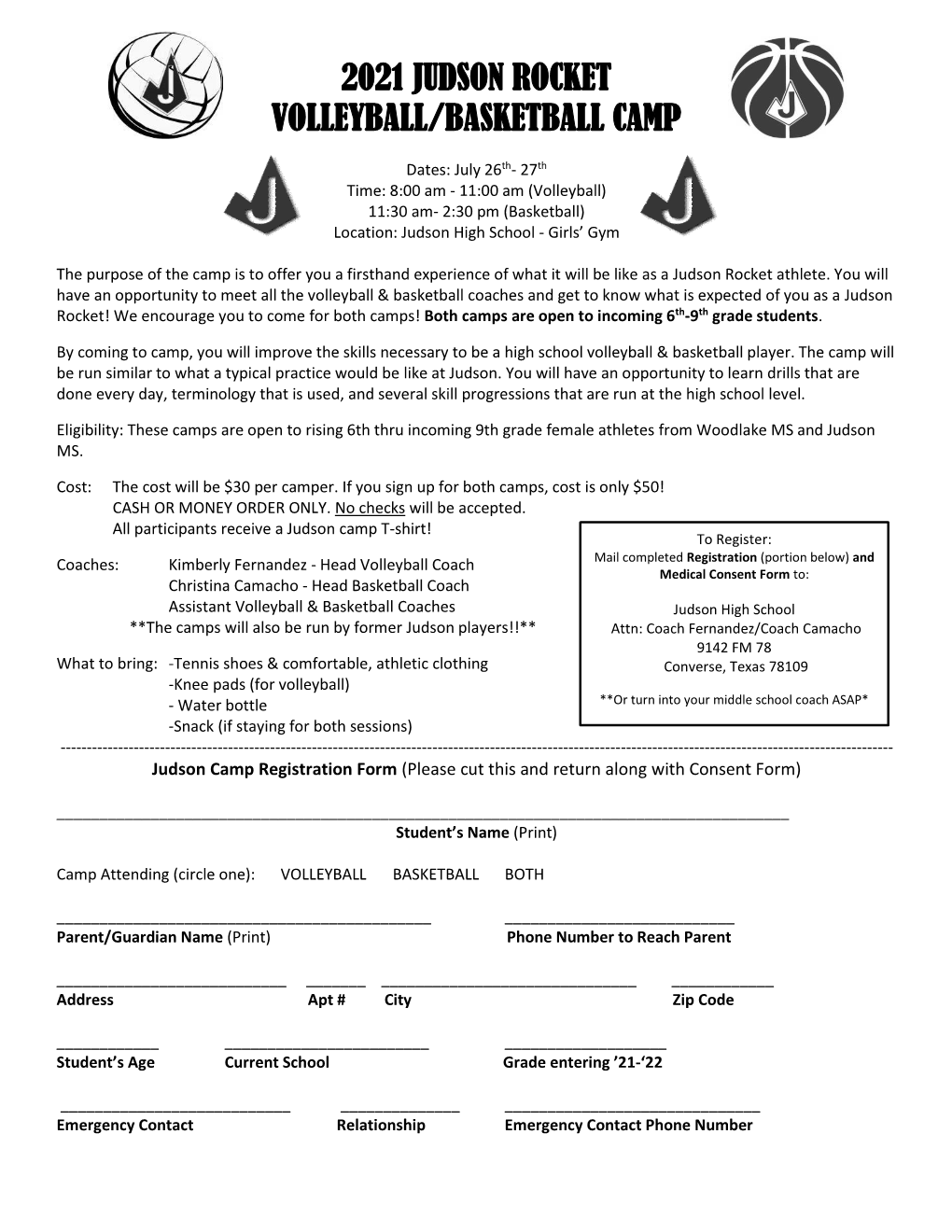 2021 Judson Rocket Volleyball/Basketball Camp