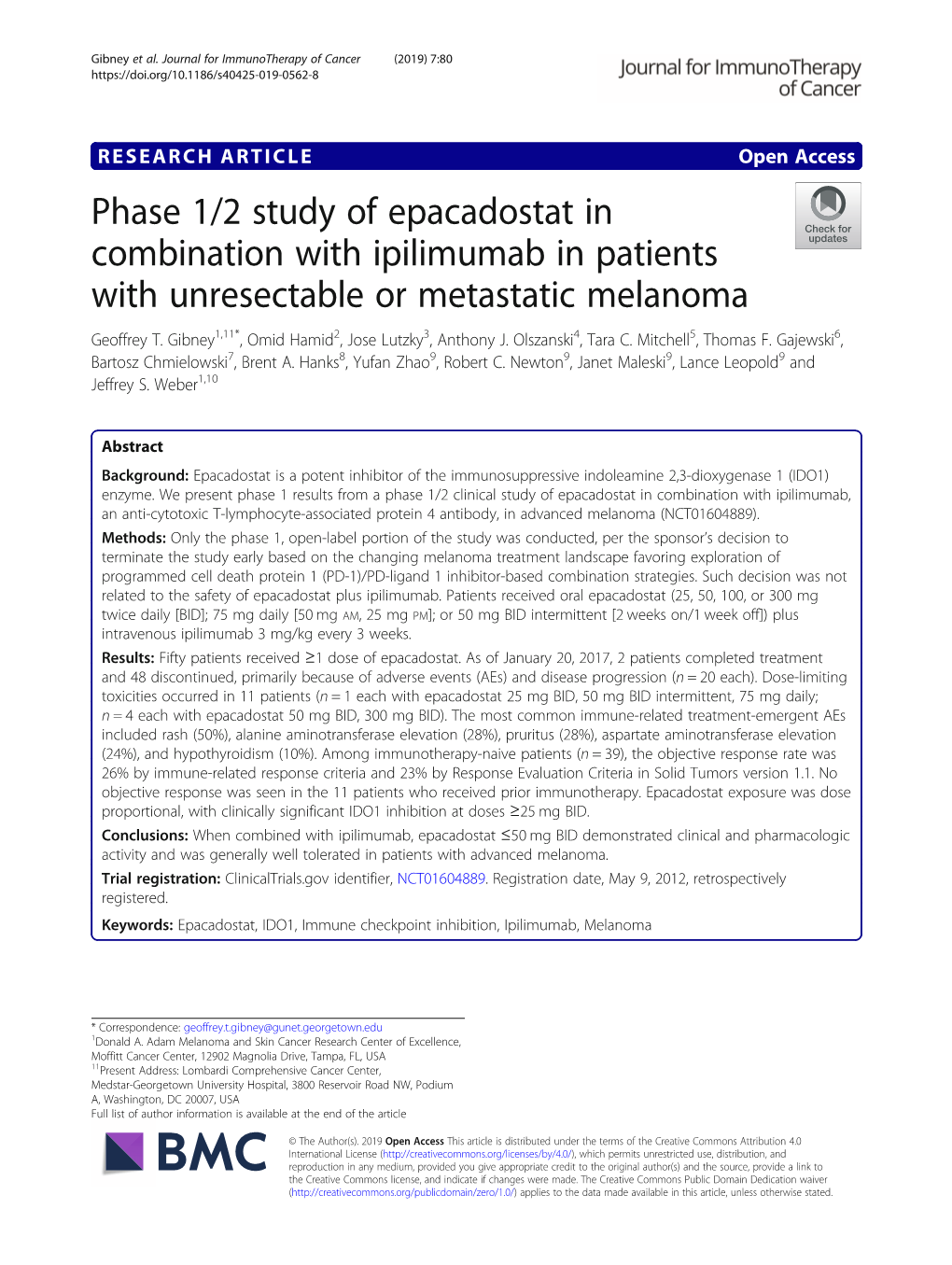 Phase 1/2 Study of Epacadostat in Combination with Ipilimumab in Patients with Unresectable Or Metastatic Melanoma Geoffrey T