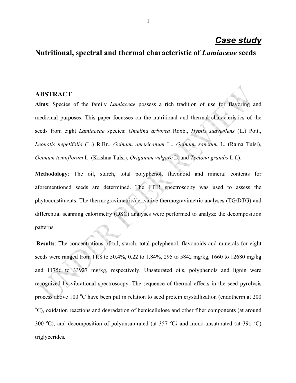 Case Study Nutritional, Spectral and Thermal Characteristic of Lamiaceae Seeds