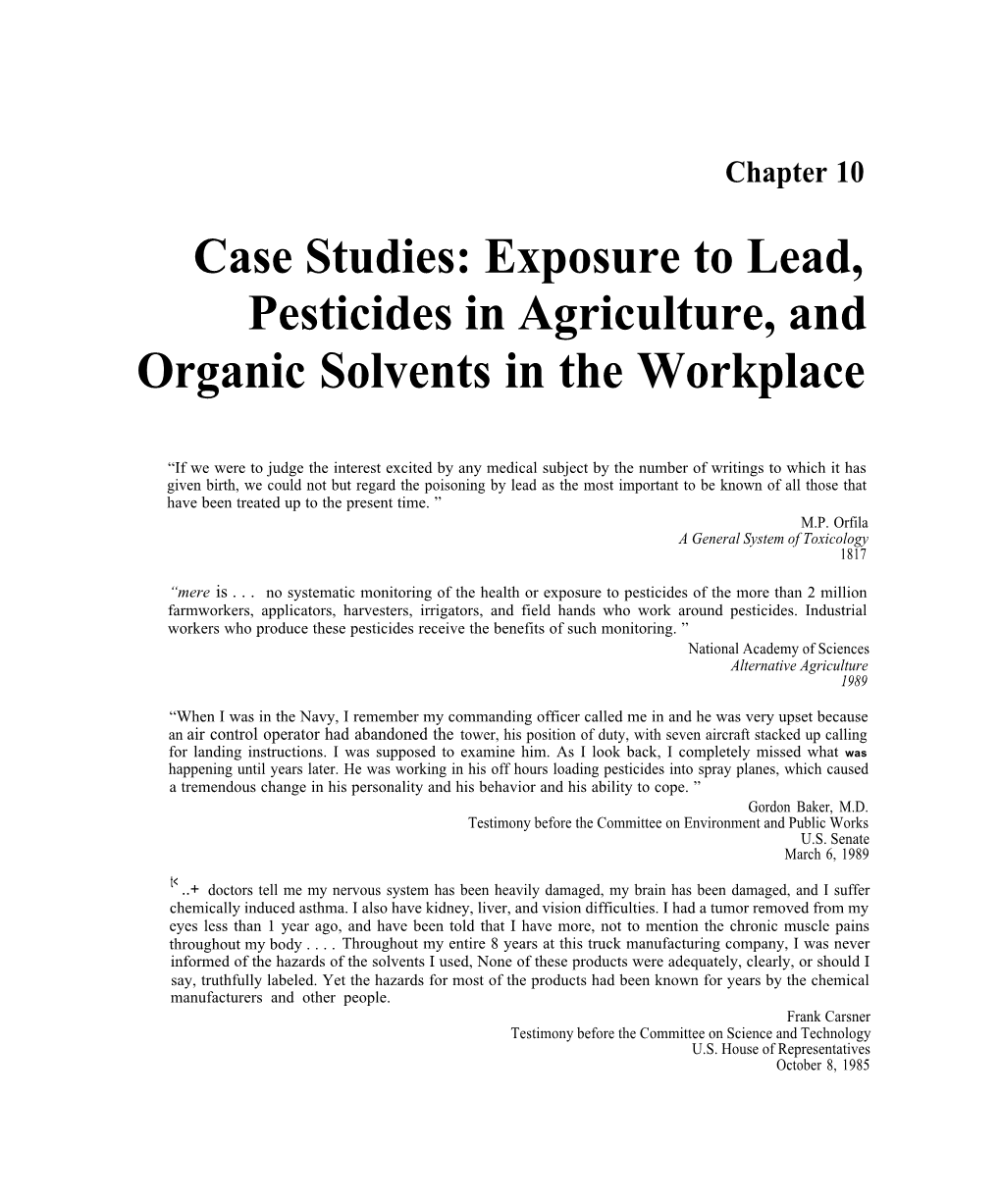 Exposure to Lead, Pesticides in Agriculture, and Organic Solvents in the Workplace