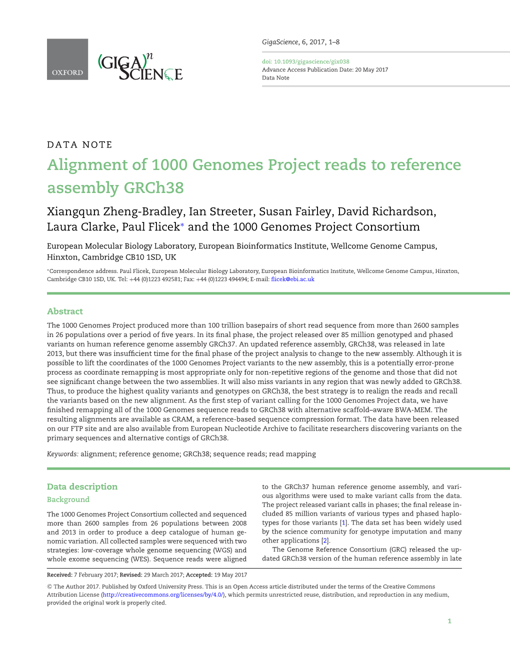 Alignment of 1000 Genomes Project Reads to Reference Assembly Grch38