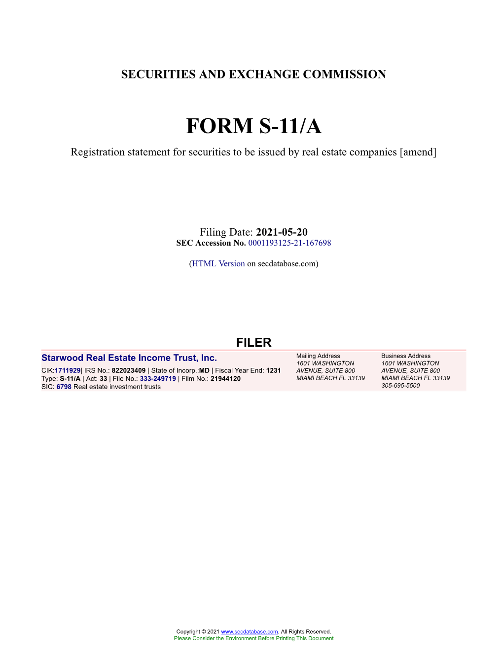 Starwood Real Estate Income Trust, Inc. Form S-11/A Filed 2021-05-20