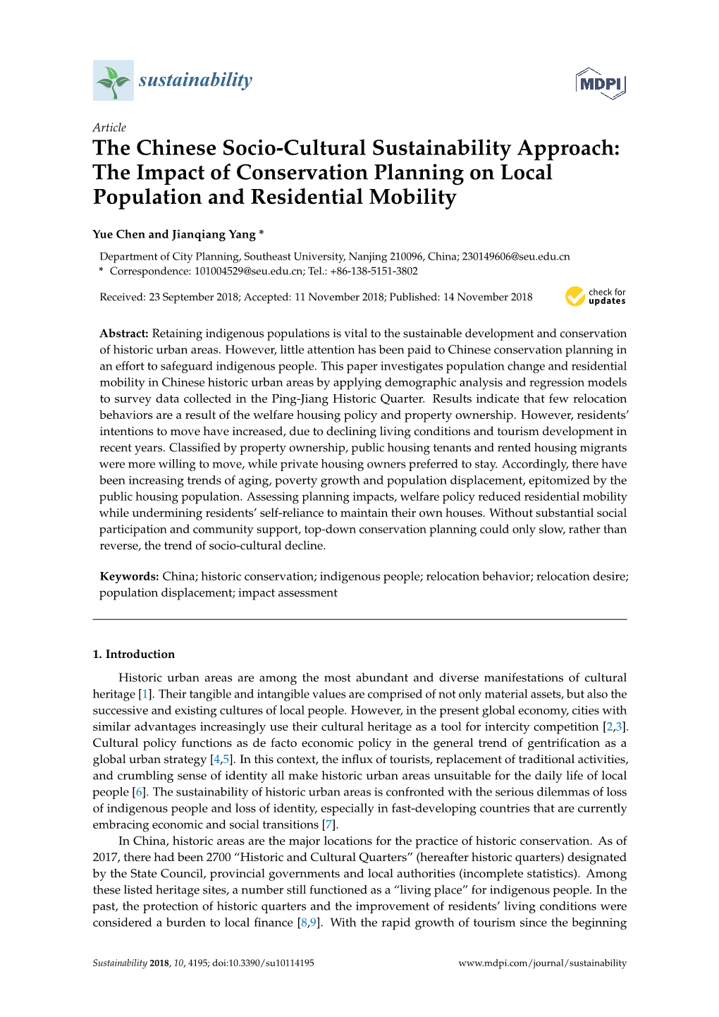 The Chinese Socio-Cultural Sustainability Approach: the Impact of Conservation Planning on Local Population and Residential Mobility