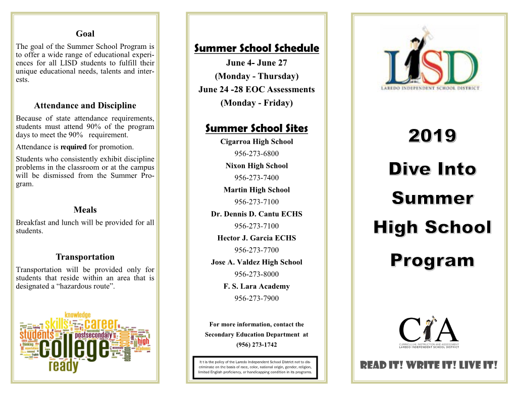 Summer School Schedule Summer School Sites