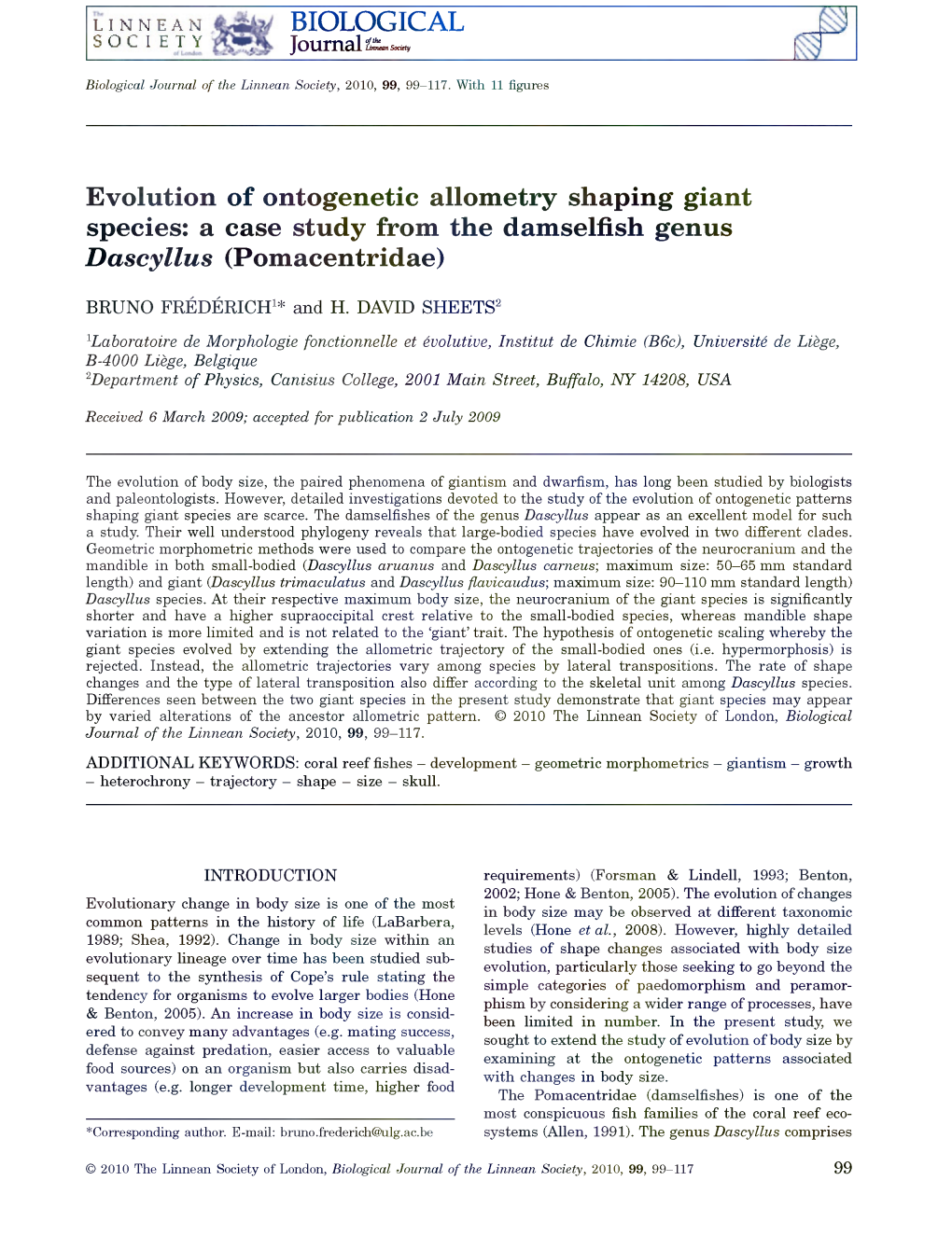 BIOLOGICAL Evolution of Ontogenetic Allometry Shaping Giant Species: a Case Study from the Damselfish Genus Dascyllus (Pomacentr