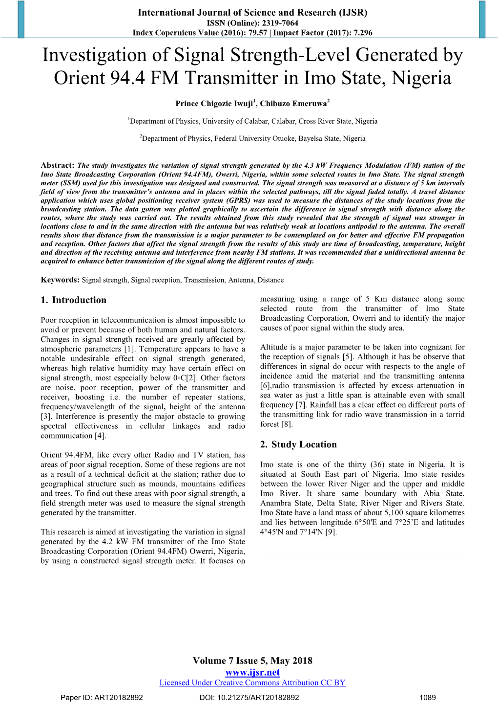 Investigation of Signal Strength-Level Generated by Orient 94.4 FM Transmitter in Imo State, Nigeria