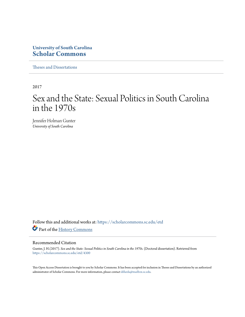 Sexual Politics in South Carolina in the 1970S Jennifer Holman Gunter University of South Carolina