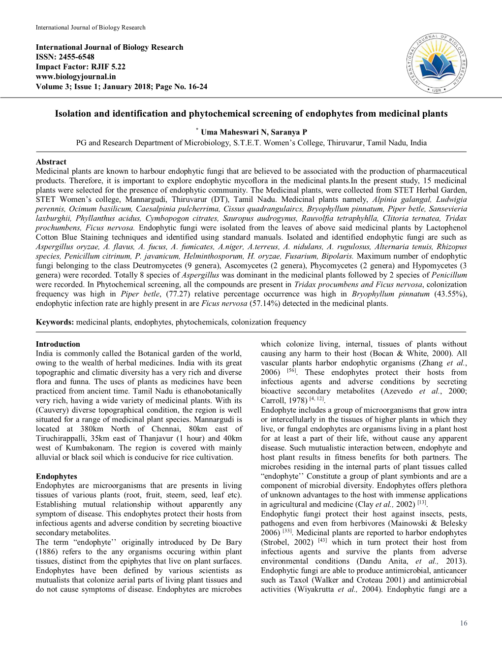 Isolation and Identification and Phytochemical Screening of Endophytes from Medicinal Plants