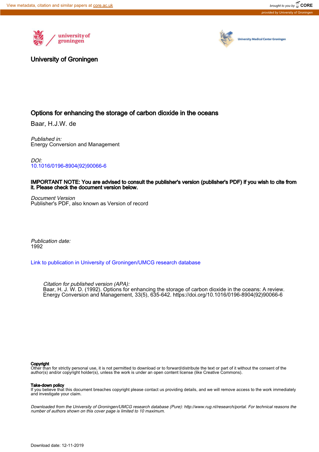 University of Groningen Options for Enhancing the Storage of Carbon Dioxide in the Oceans Baar, H.J.W. De