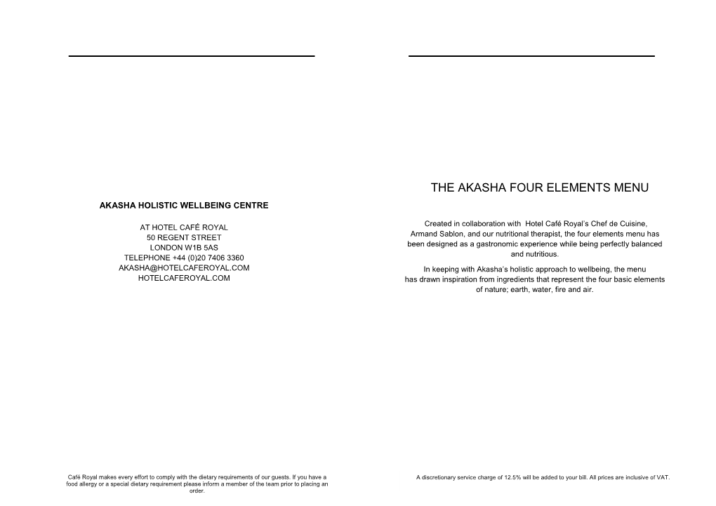 The Akasha Four Elements Menu