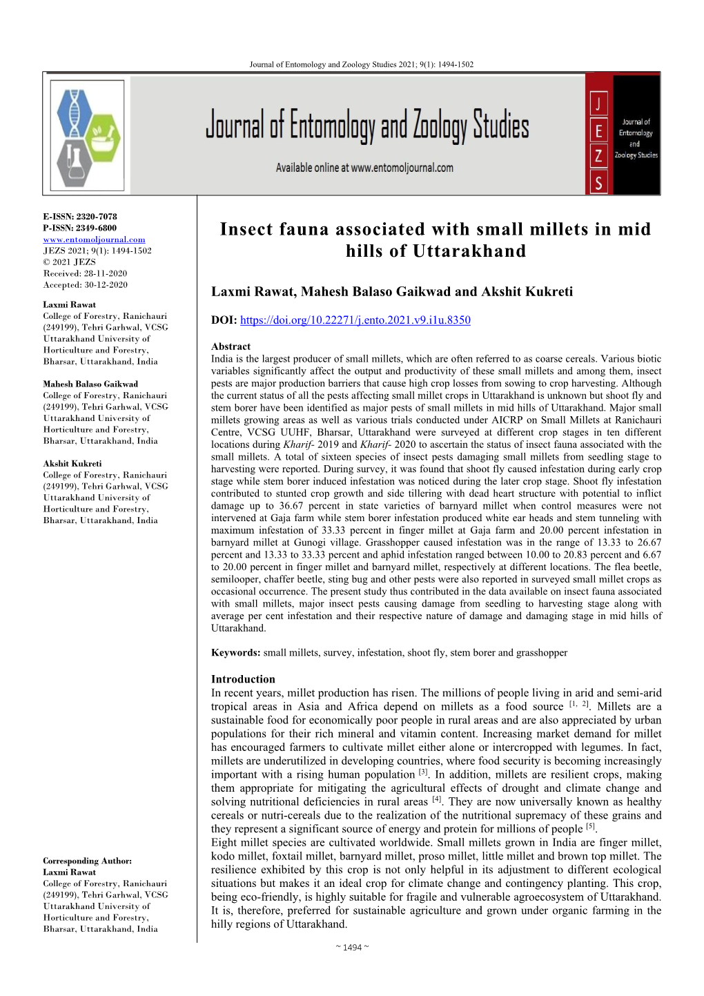 Insect Fauna Associated with Small Millets in Mid Hills of Uttarakhand