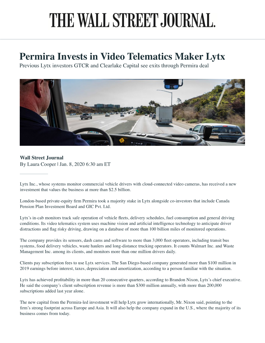 Permira Invests in Video Telematics Maker Lytx Previous Lytx Investors GTCR and Clearlake Capital See Exits Through Permira Deal