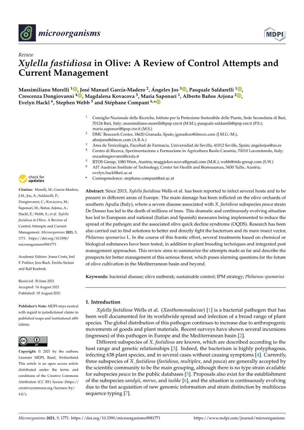 Xylella Fastidiosa in Olive: a Review of Control Attempts and Current Management