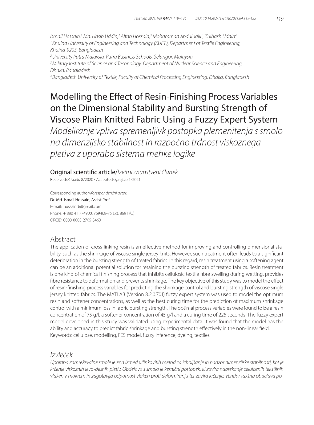 Modelling the Effect of Resin-Finishing Process Variables on the Dimensional Stability and Bursting Strength of Viscose Plain Kn