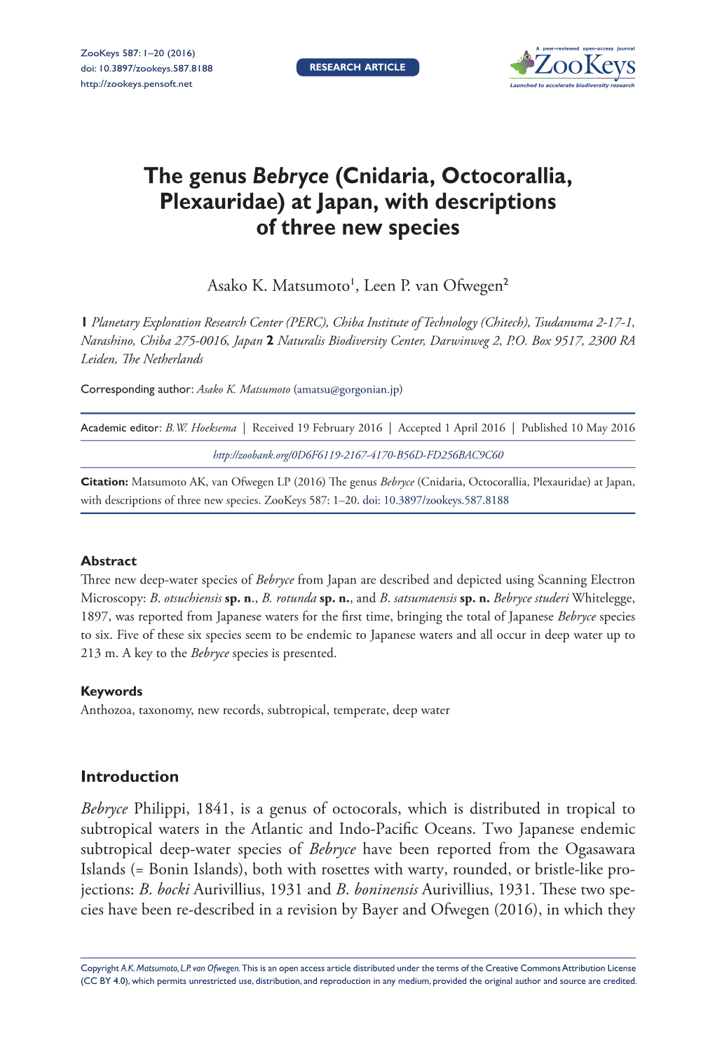 ﻿The Genus Bebryce (Cnidaria, Octocorallia, Plexauridae) at Japan, with Descriptions of Three New Species