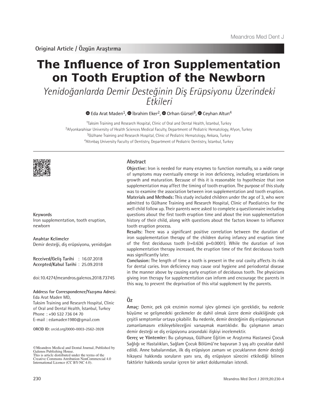 The Influence of Iron Supplementation on Tooth Eruption of the Newborn