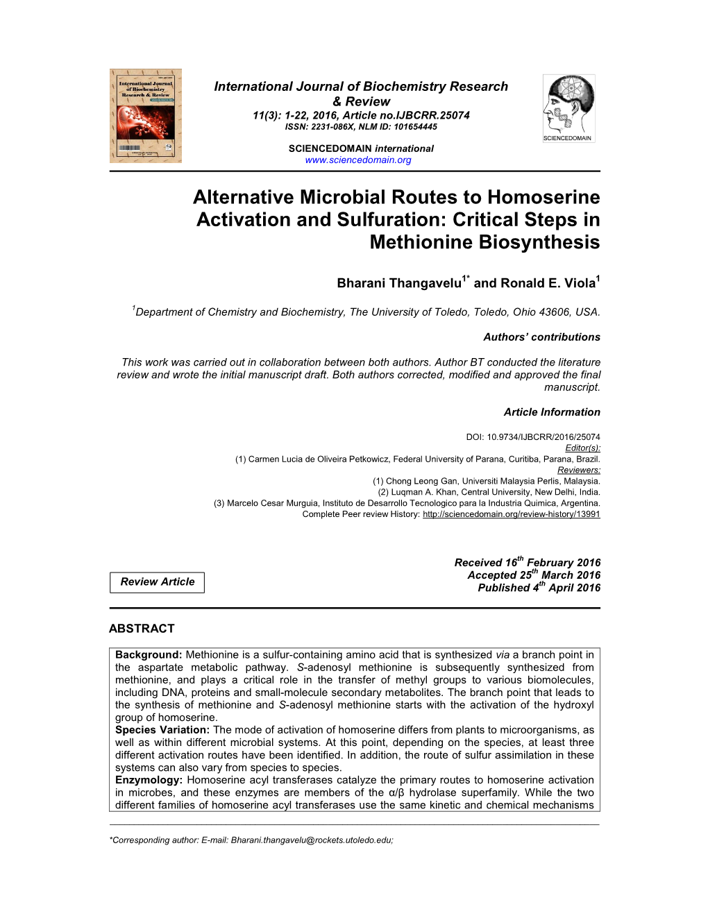 Critical Steps in Methionine Biosynthesis