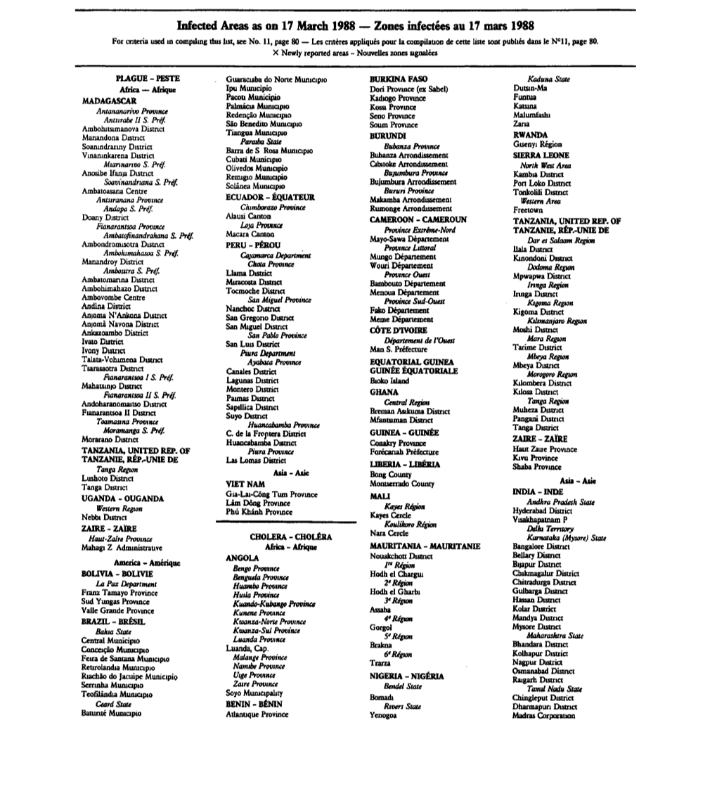 Infected Areas As on 17 March 1988 — Zones Infectées Au 17 Mars 1988 for Criteria Used in Compiling This List, See No