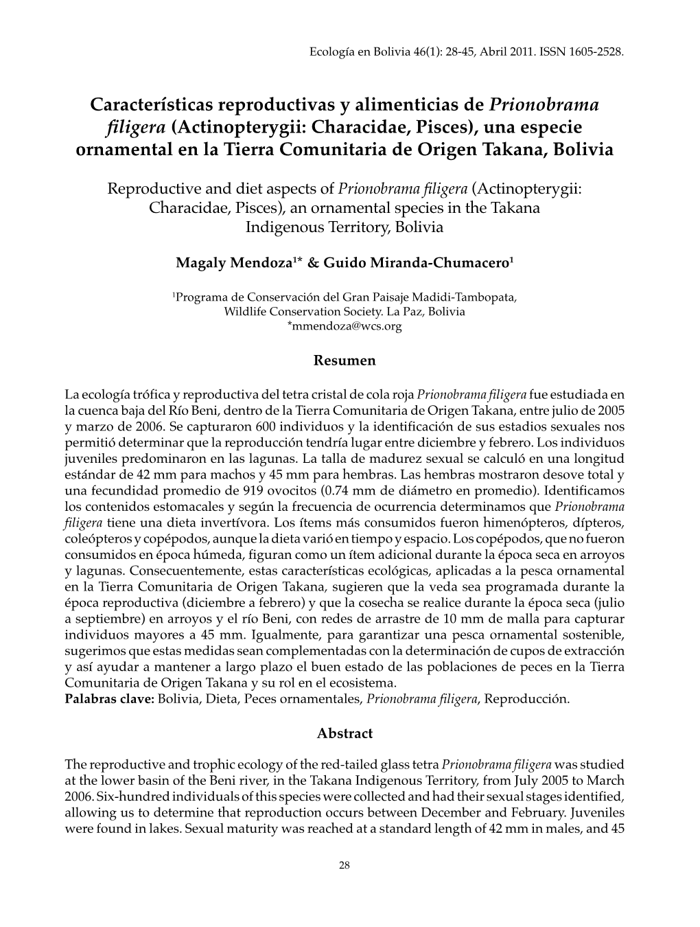 Actinopterygii: Characidae, Pisces), Una Especie Ornamental En La Tierra Comunitaria De Origen Takana, Bolivia