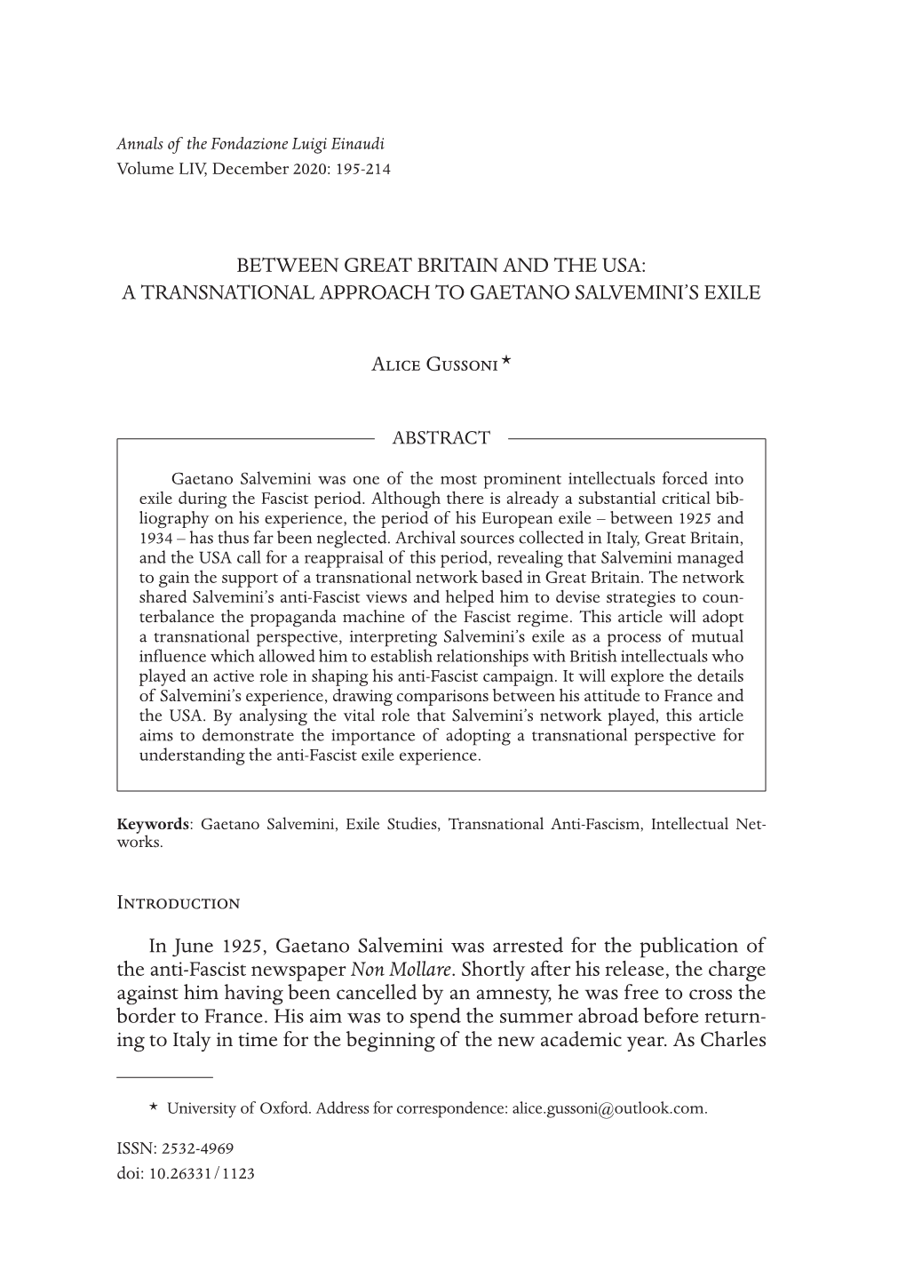 Between Great Britain and the Usa: a Transnational Approach to Gaetano Salvemini’S Exile