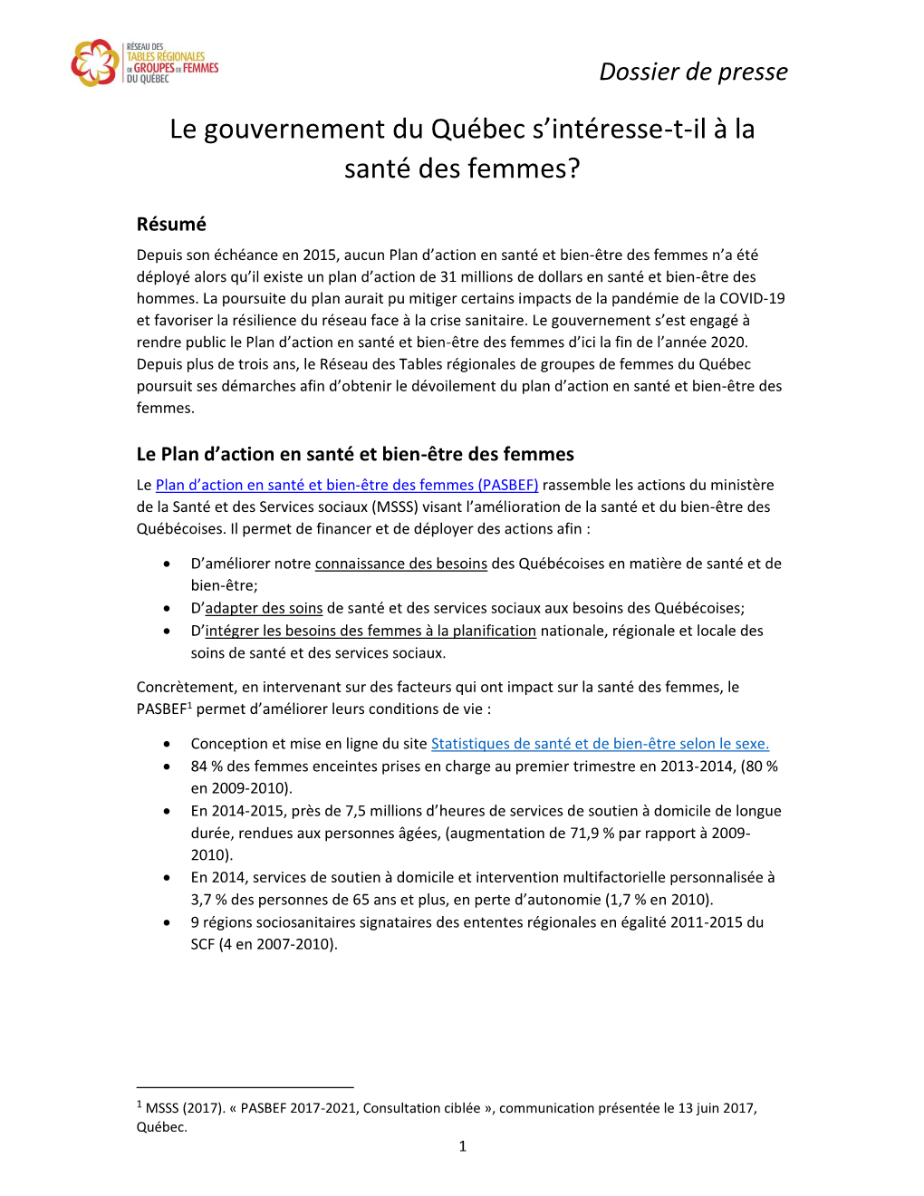 Dossier De Presse Le Gouvernement Du Québec S’Intéresse-T-Il À La Santé Des Femmes?