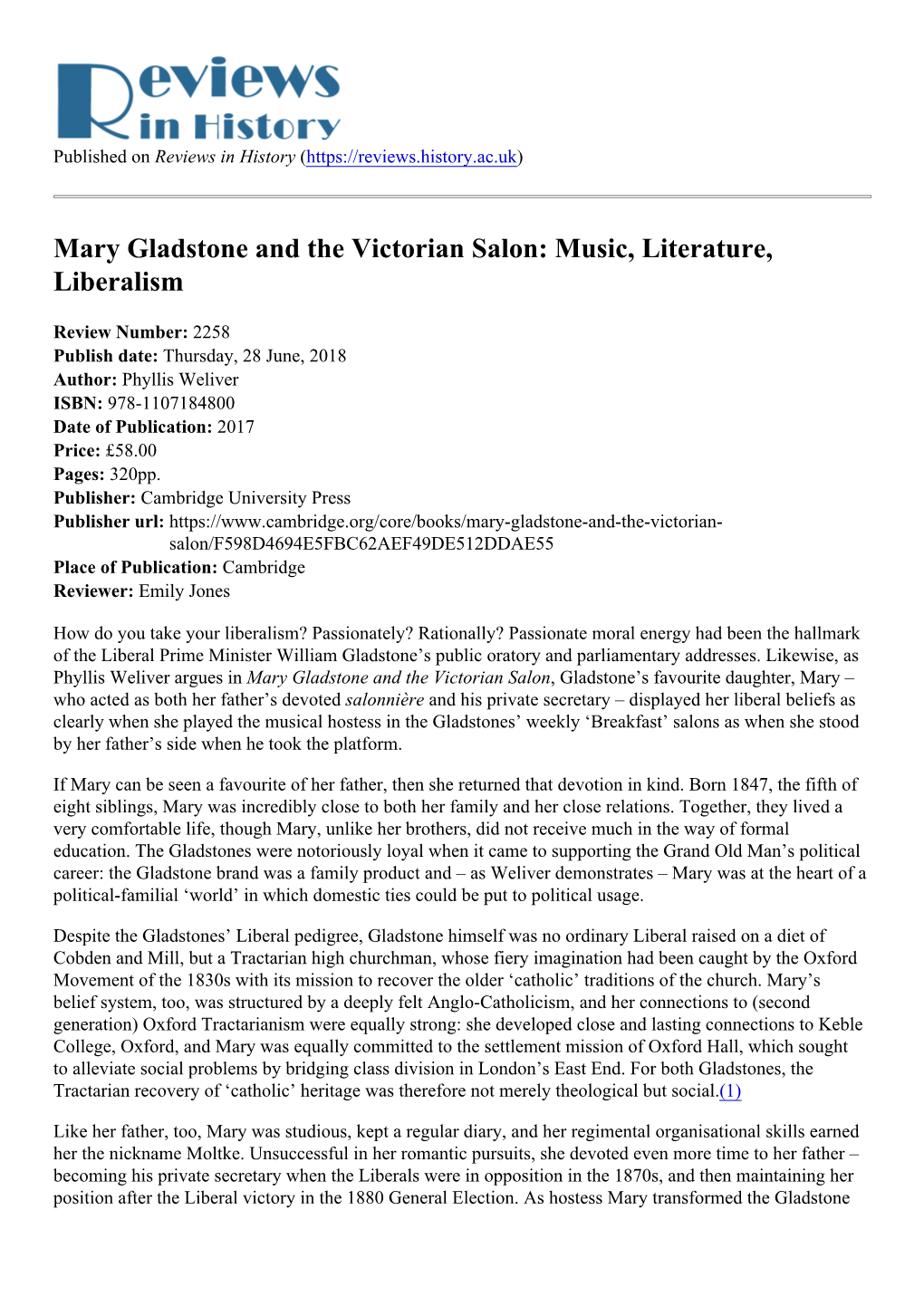 Mary Gladstone and the Victorian Salon: Music, Literature, Liberalism